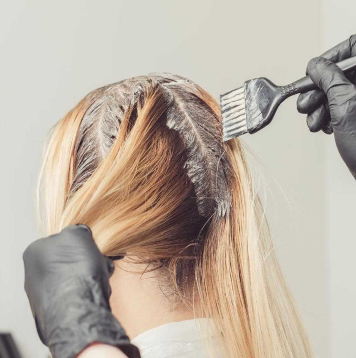 Hair being dyed with a brush by a person wearing black gloves.