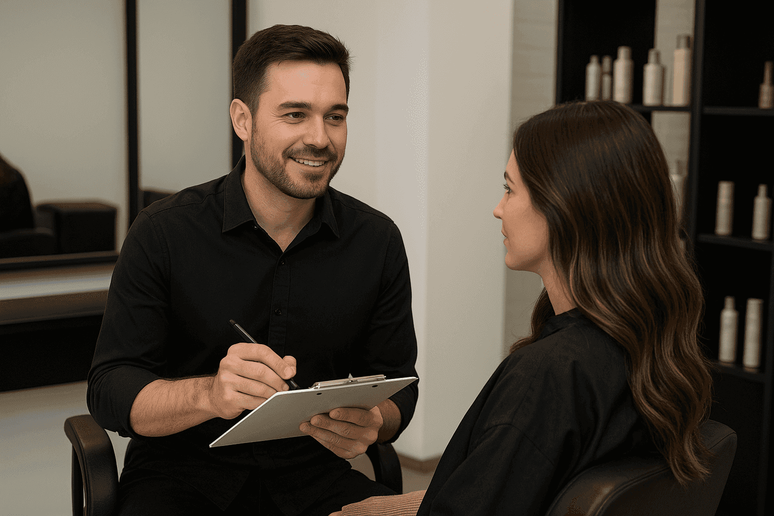 Man with clipboard consulting a woman in salon.