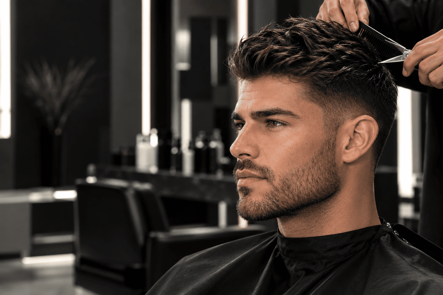Man getting a stylish haircut at a modern barbershop.