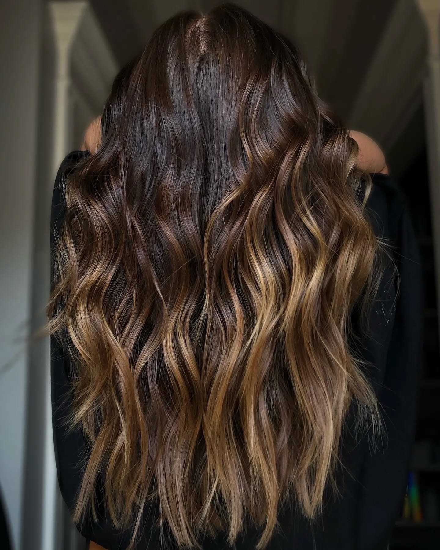 Brown wavy hair with caramel highlights cascading down a person's back.