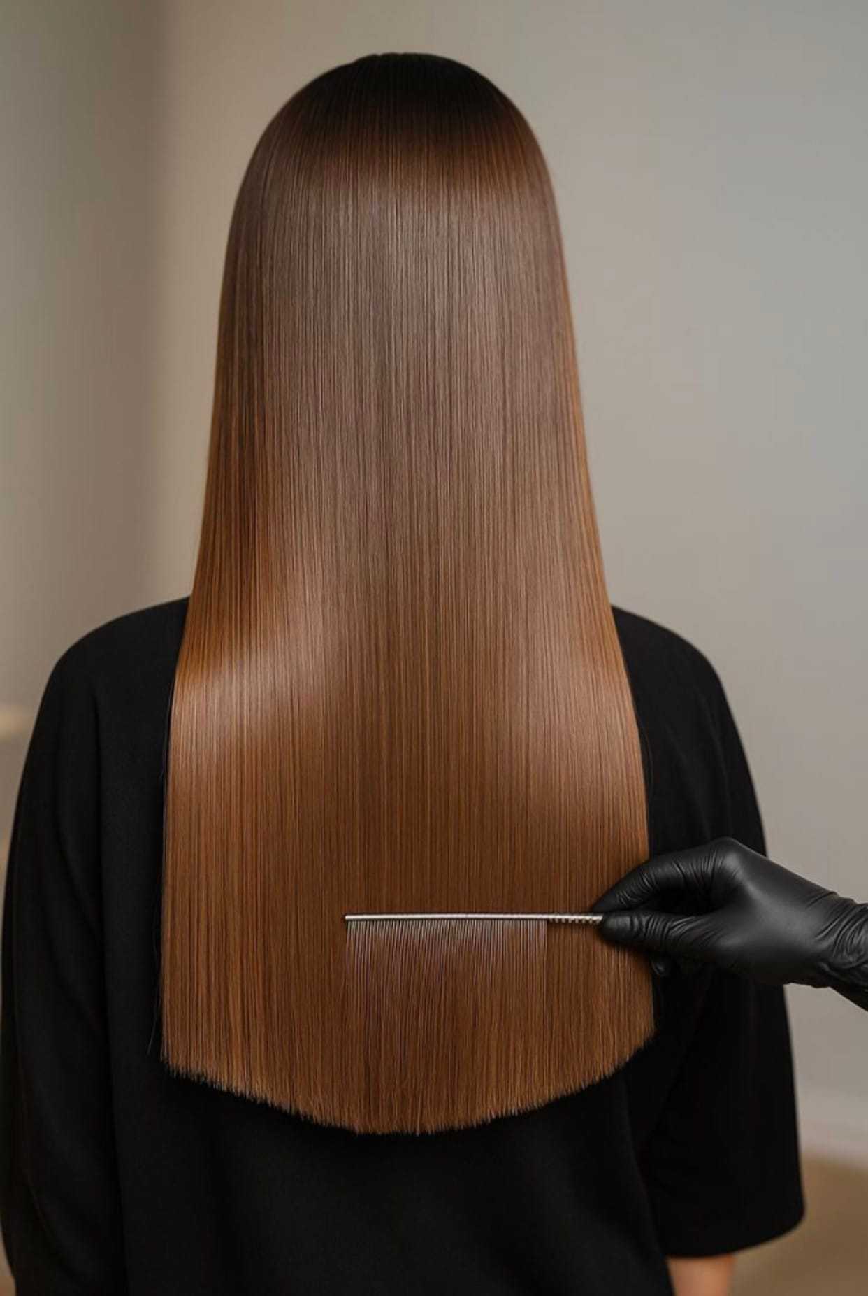 Silky smooth straight brown hair being combed by a gloved hand.