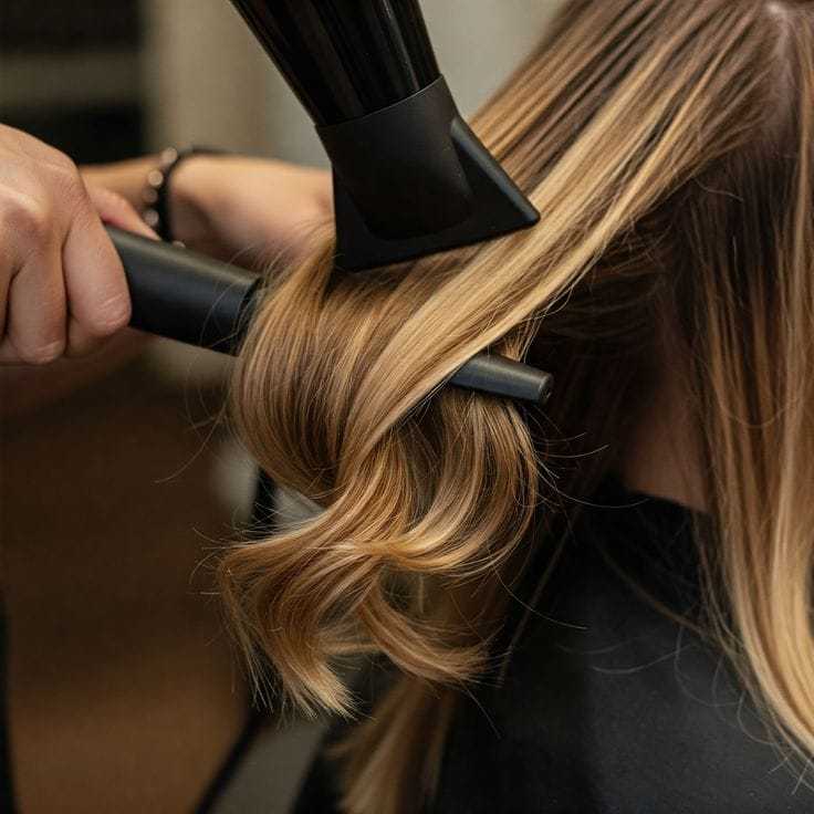 Person curling blonde hair with a flat iron in a salon setting.
