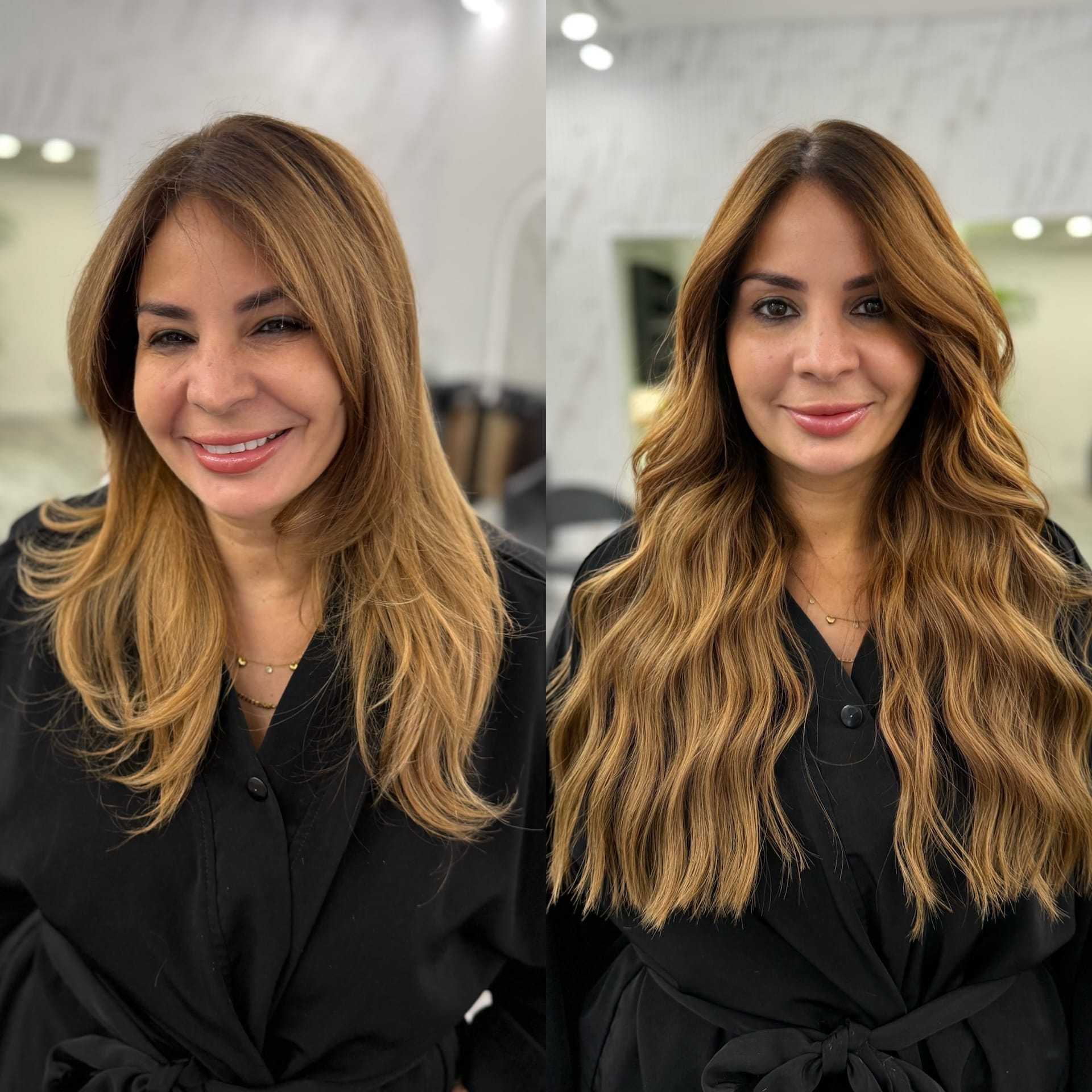Woman before and after getting long, wavy hair extensions in a salon setting.
